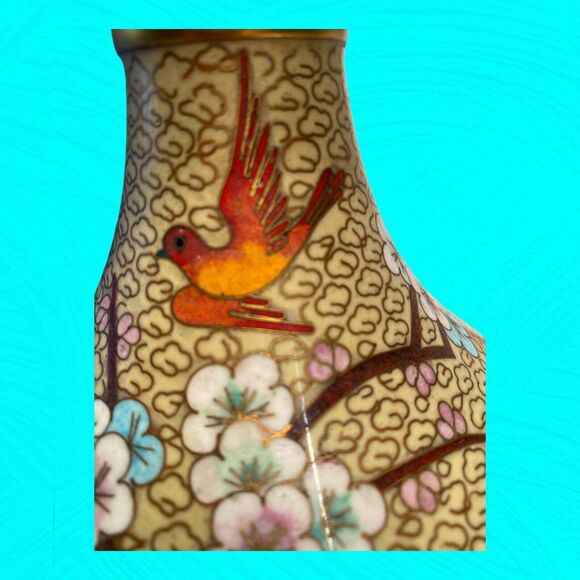 Vintage Asian Cloisonne Vase Bottle Bird Cherry Blossoms 9" Tall READ - Picture 9 of 11